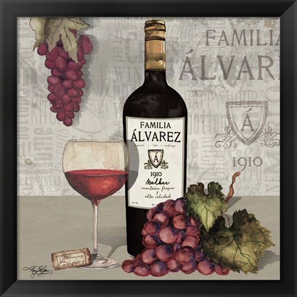 Framed Uncork Wine and Grapes I Print