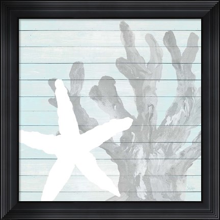 Framed Starfish on Blue Wood Print