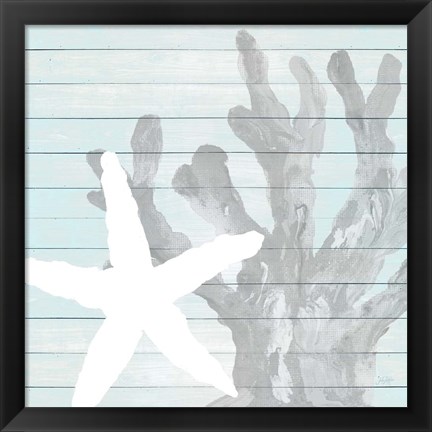 Framed Starfish on Blue Wood Print