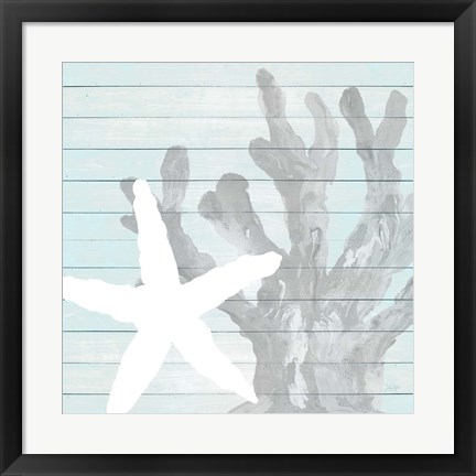 Framed Starfish on Blue Wood Print