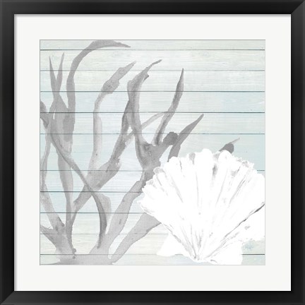 Framed Seashell on Blue Wood Print