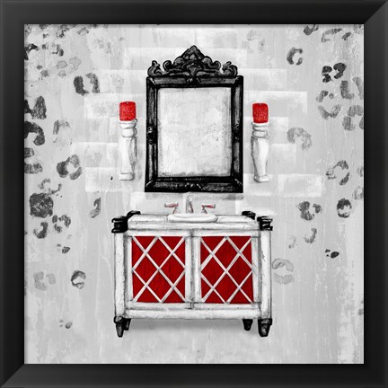 Framed Red Antique Mirrored Bath Square I Print