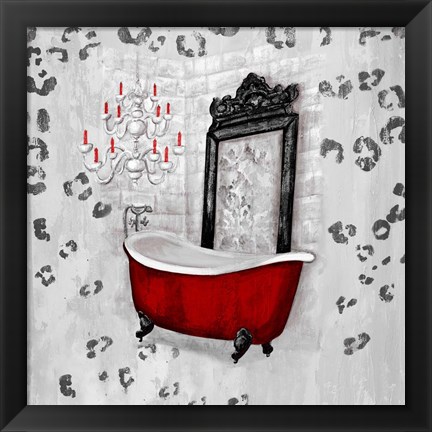 Framed Red Antique Mirrored Bath Square II Print