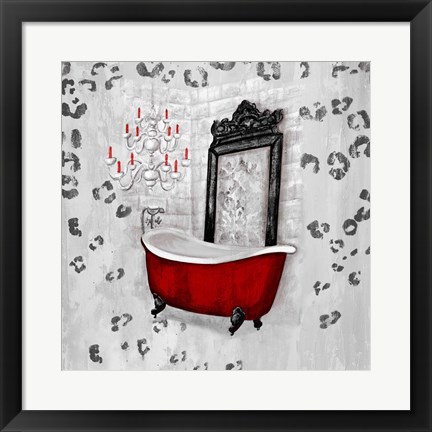 Framed Red Antique Mirrored Bath Square II Print