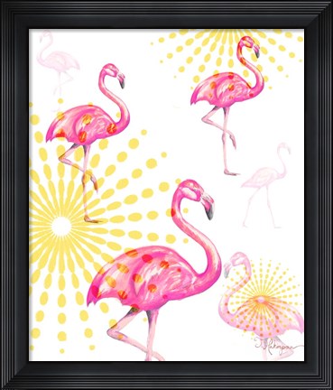 Framed Fashion Flamingos Burst I Print