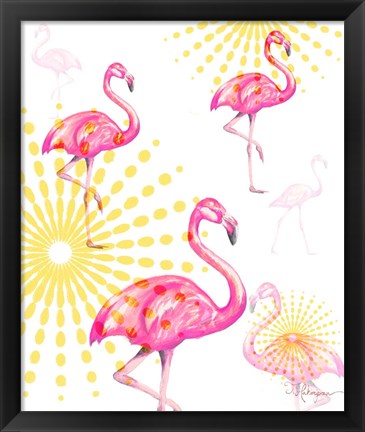 Framed Fashion Flamingos Burst I Print