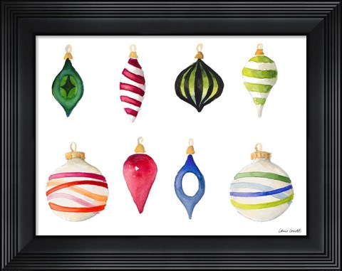 Framed Christmas Ornaments Watercolor I Print