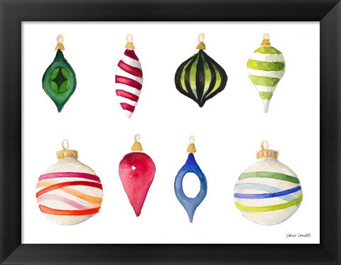 Framed Christmas Ornaments Watercolor I Print