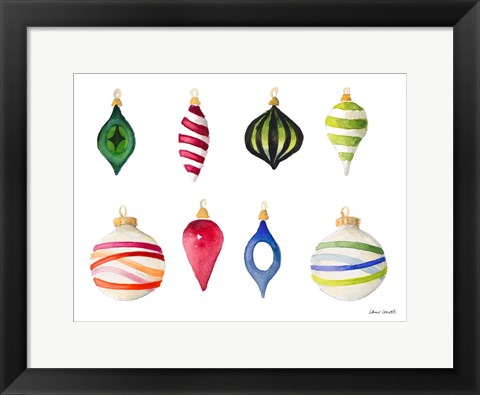 Framed Christmas Ornaments Watercolor I Print