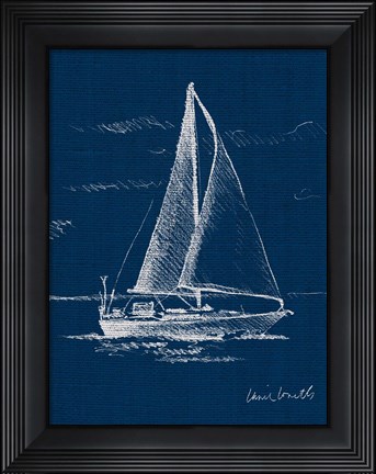 Framed Sailboat on Blue Burlap I Print