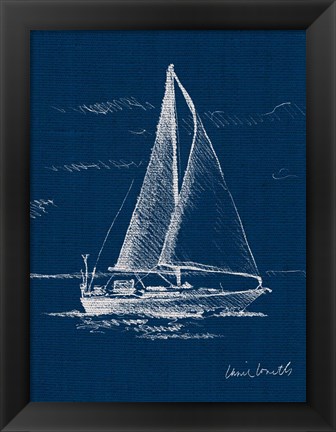 Framed Sailboat on Blue Burlap I Print