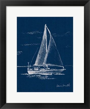 Framed Sailboat on Blue Burlap I Print