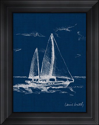 Framed Sailboat on Blue Burlap II Print