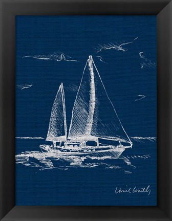 Framed Sailboat on Blue Burlap II Print