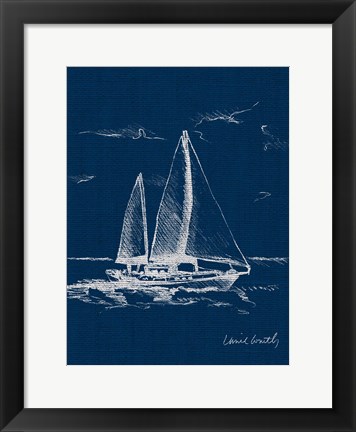 Framed Sailboat on Blue Burlap II Print