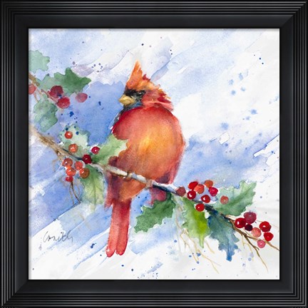 Framed Cardinal on Holly Branch Print
