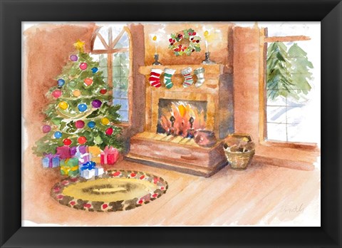 Framed Santa&#39;s Fireplace and Tree Scene Print