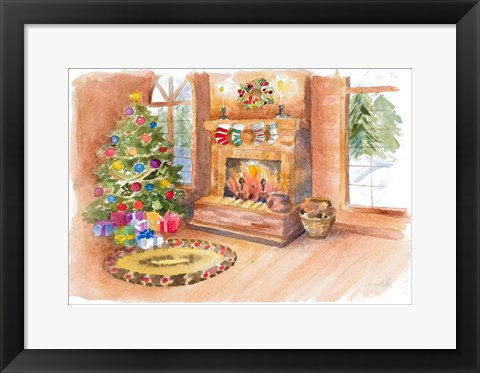 Framed Santa&#39;s Fireplace and Tree Scene Print