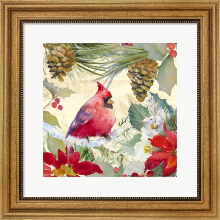 Framed Cardinal and Pinecones I Print