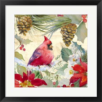 Framed Cardinal and Pinecones I Print