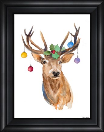 Framed Deer with Holly and Ornaments Print