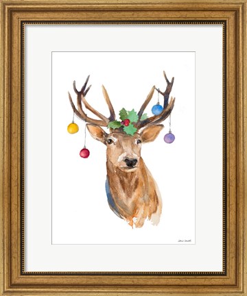 Framed Deer with Holly and Ornaments Print