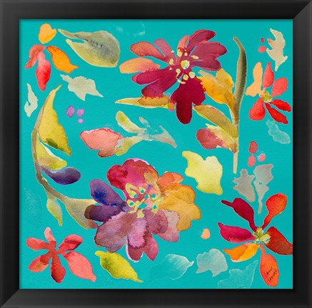 Framed Floral Party On Teal Print