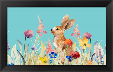 Framed Amongst the Flowers on Teal I Print