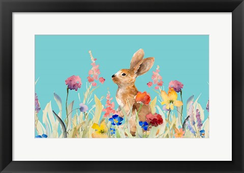 Framed Amongst the Flowers on Teal I Print