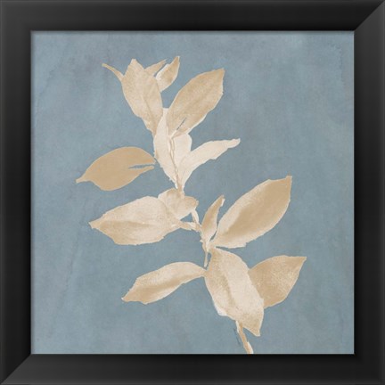 Framed Tan Leaf on Blue Square I Print