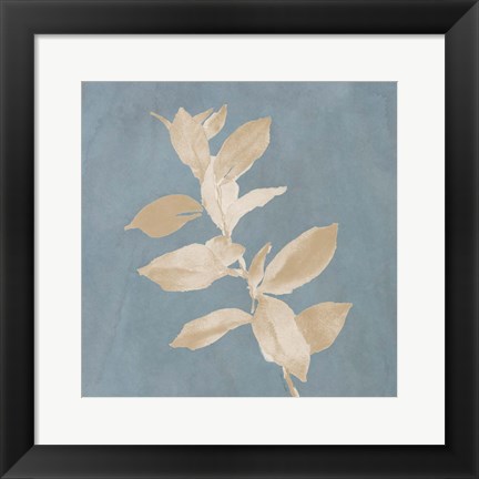 Framed Tan Leaf on Blue Square I Print
