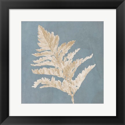 Framed Tan Leaf on Blue Square II Print