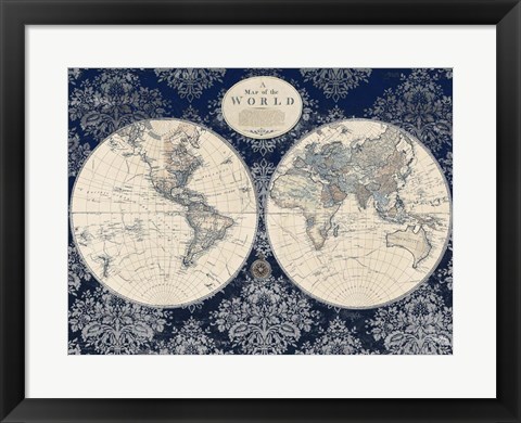 Framed Blue Map of the World Print