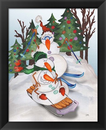 Framed Sledding Snowmen Print