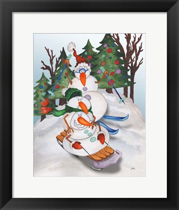 Framed Sledding Snowmen Print