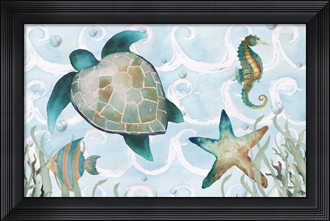 Framed Watercolor Sea Creatures Panel (blue) Print