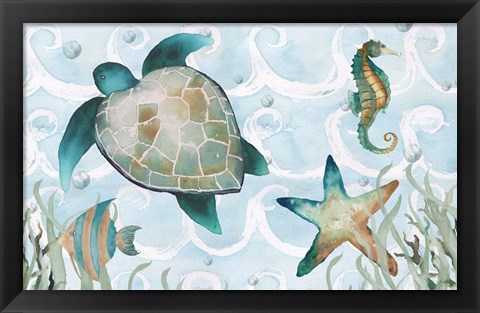 Framed Watercolor Sea Creatures Panel (blue) Print