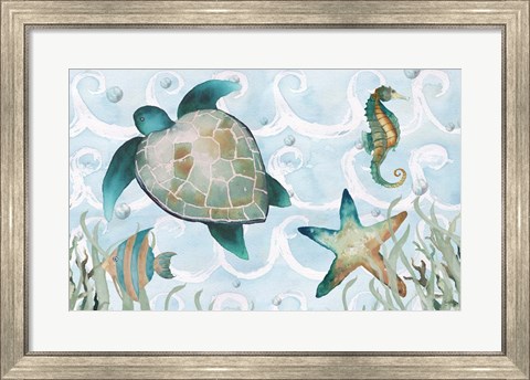 Framed Watercolor Sea Creatures Panel (blue) Print