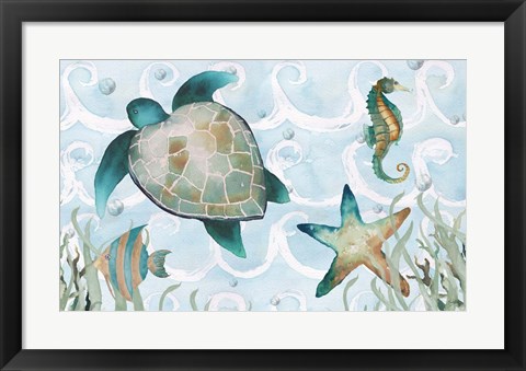 Framed Watercolor Sea Creatures Panel (blue) Print