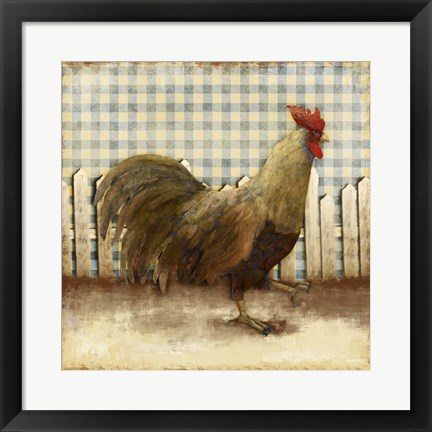 Framed Rooster on Damask I Print