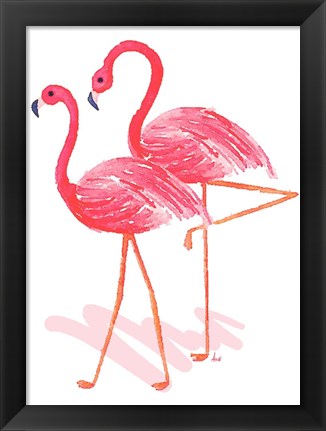 Framed Flamingo Walk Watercolor II Print