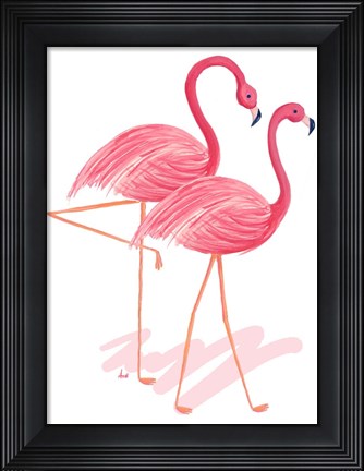Framed Flamingo Walk Watercolor I Print