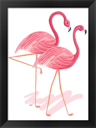 Framed Flamingo Walk Watercolor I Print