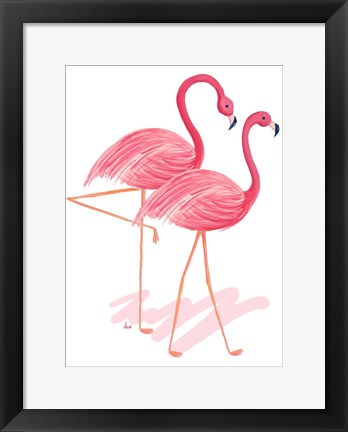 Framed Flamingo Walk Watercolor I Print