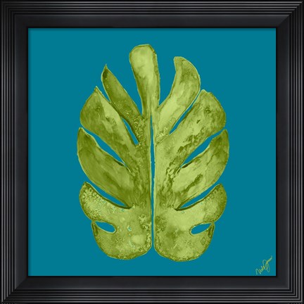 Framed Leaf On Teal I Print