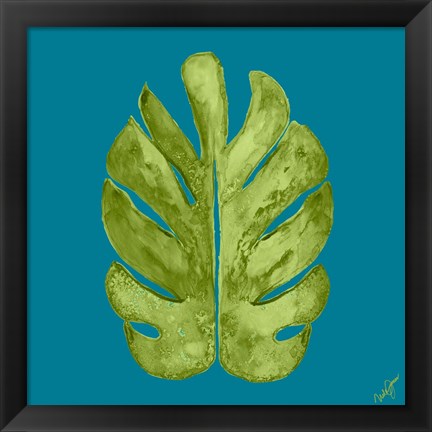 Framed Leaf On Teal I Print