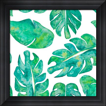 Framed Aqua Leaves On White Print