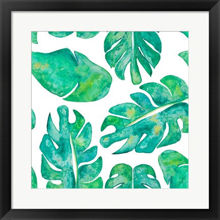 Framed Aqua Leaves On White Print