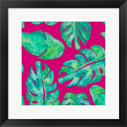 Framed Aqua Leaves On Pink Print