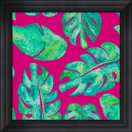 Framed Aqua Leaves On Pink Print